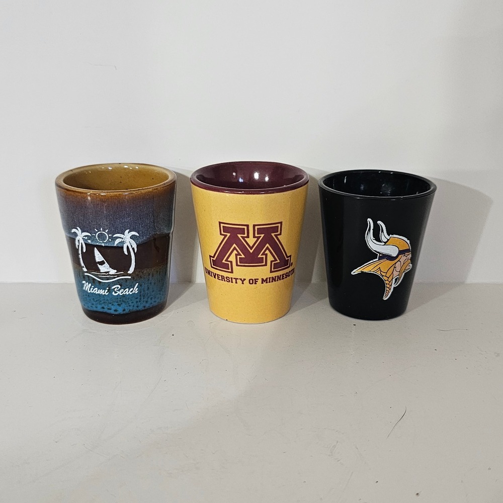 Lot of 3 Shot Glasses Miami Beach University of Minnesota Vikings NFL Ceramic